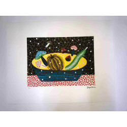 Yayoi Kusama 50x65 cm-ko sinadura ziurtagiria duen plakan egindako litografia